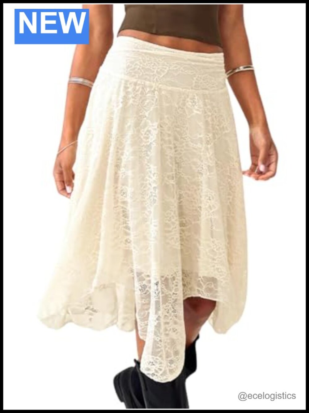 Boho Lace Midi Skirt Flowy Asymmetrical High Waist Side Zipper Goth Renaissance